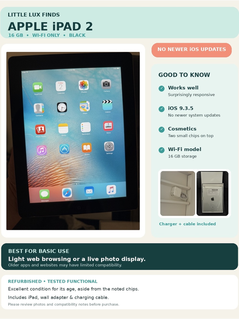 Refurbished Apple iPad 2 16GB Wi-Fi, iOS 9.3.5, Charger Included